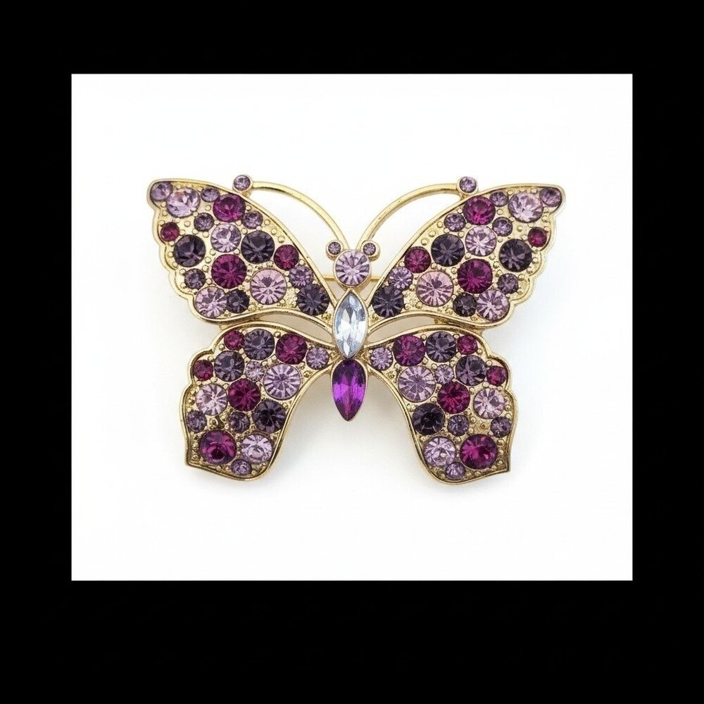 MONET Butterfly Rhinestone Brooch Pin Gold Tone Pink Rhinestone Shades Signed